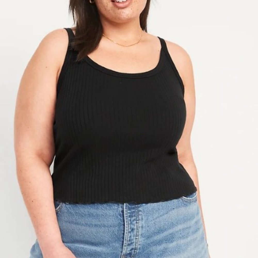 ❣3/25 ❣ OLD NAVY Fitted Cropped Lettuce-Edge Rib-Knit Tank Top - Black -